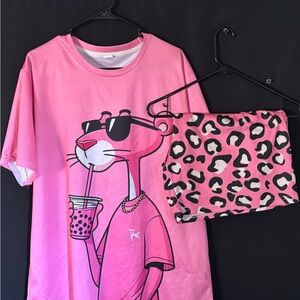 Pink panther Graphic T-Shirt and Leopard Print Shorts Set